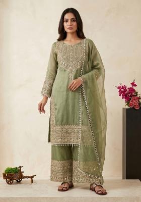 Pista Green Embroidered Silk Blend Kurta Set
