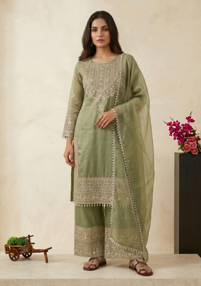Pista Green Embroidered Silk Blend Kurta Set - Indya