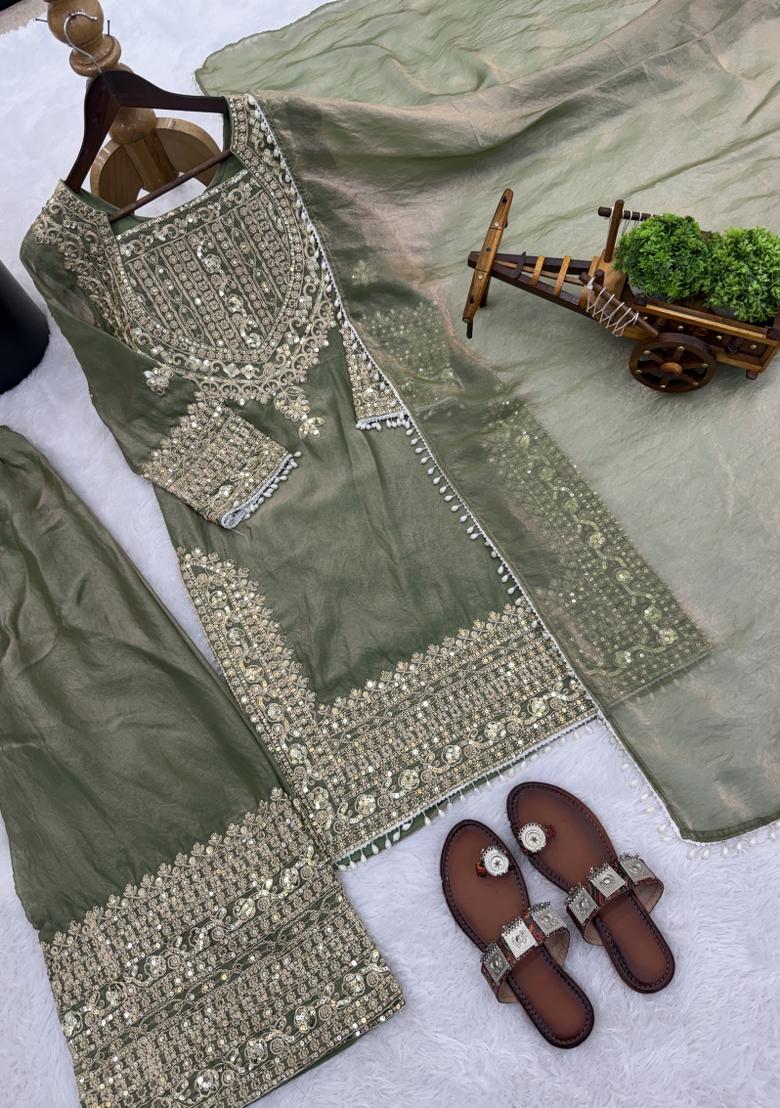 Pista Green Embroidered Silk Blend Kurta Set - Indya