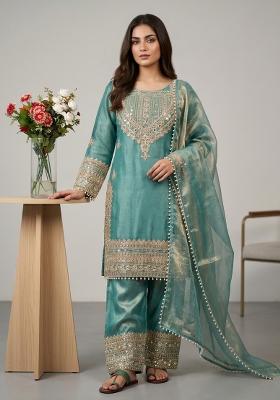 Sky Blue Embroidered Silk Blend Kurta Set