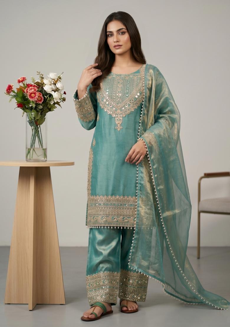 Sky Blue Embroidered Silk Blend Kurta Set - Indya