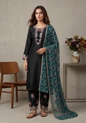 Black Embroidered Silk Blend Kurta Set
