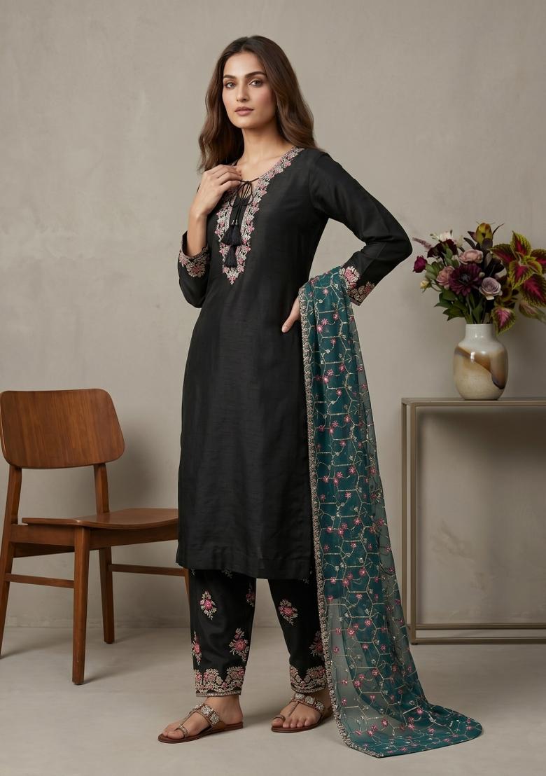 Black Embroidered Silk Blend Kurta Set - Indya
