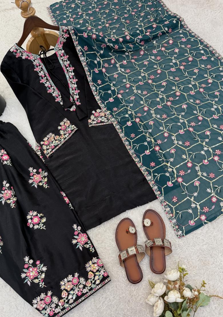 Black Embroidered Silk Blend Kurta Set - Indya