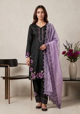 Black Embroidered Silk Blend Kurta Set