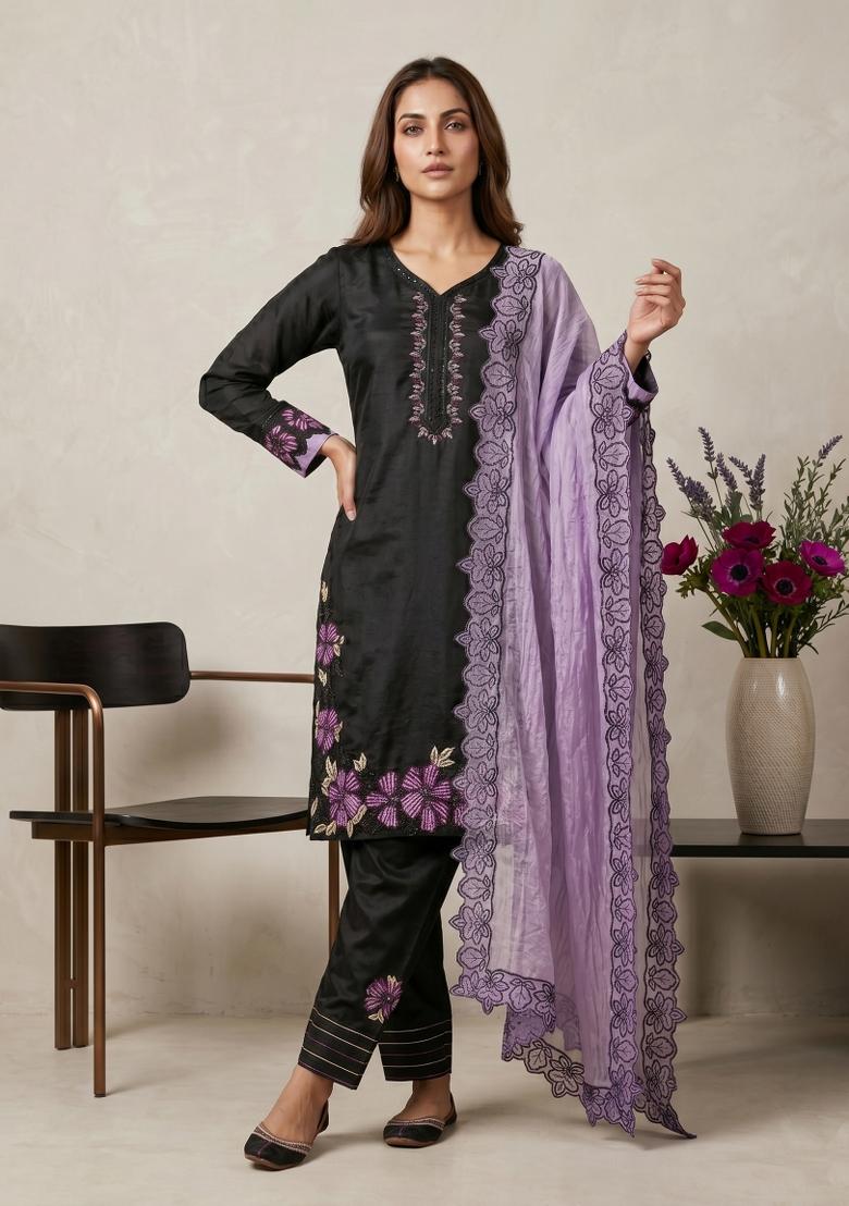 Black Embroidered Silk Blend Kurta Set - Indya