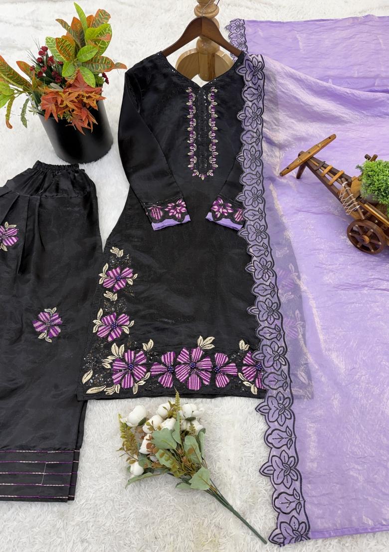 Black Embroidered Silk Blend Kurta Set - Indya