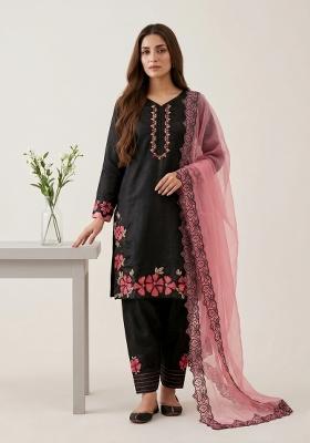 Black Embroidered Silk Blend Kurta Set