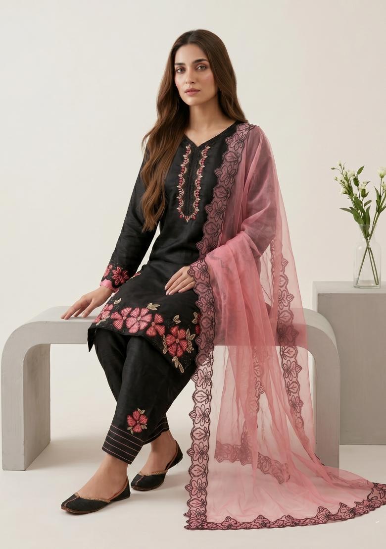 Black Embroidered Silk Blend Kurta Set - Indya