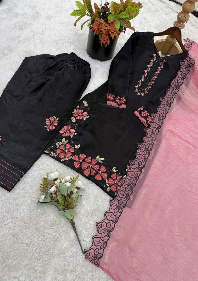 Black Embroidered Silk Blend Kurta Set - Indya