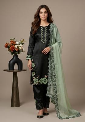 Black Embroidered Silk Blend Kurta Set
