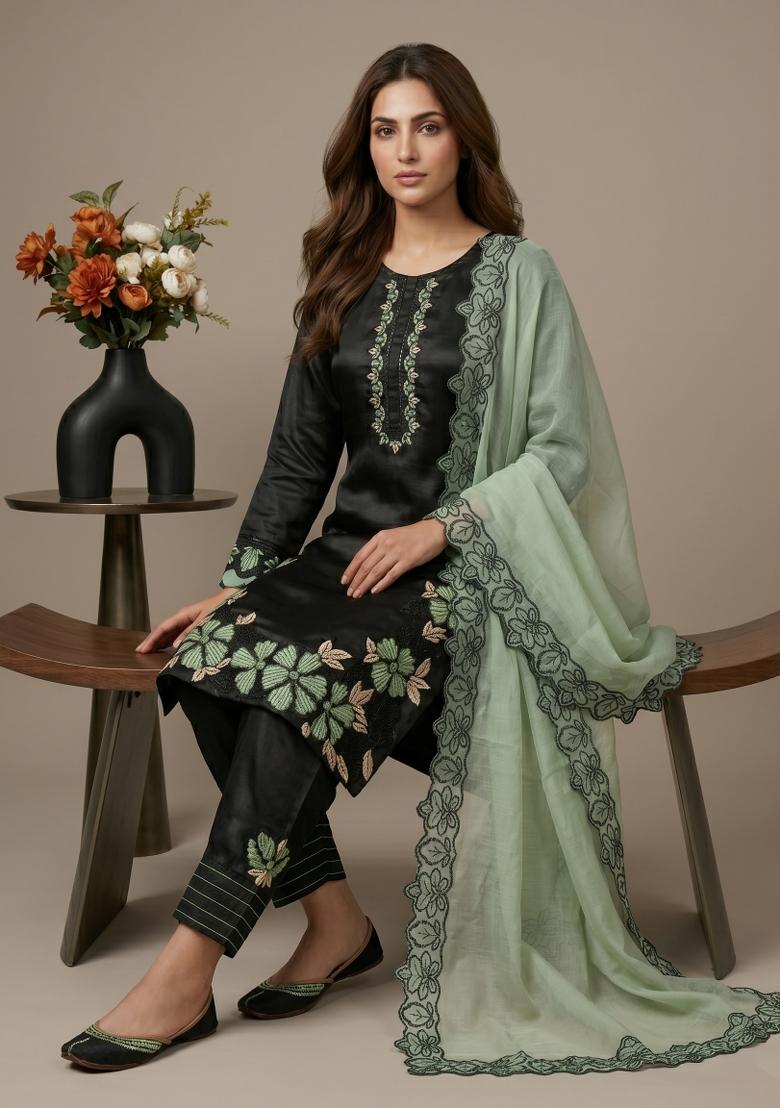 Black Embroidered Silk Blend Kurta Set - Indya