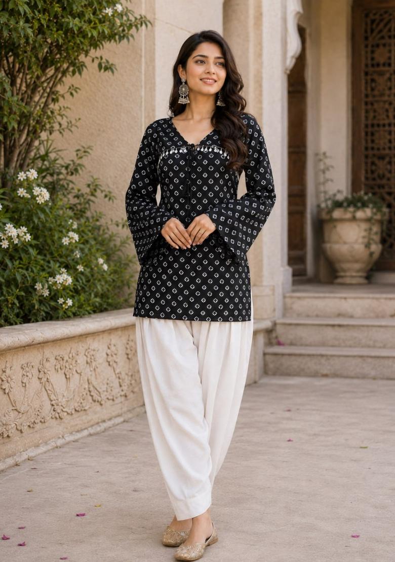 Black Printed Cotton Kurta Set - Indya
