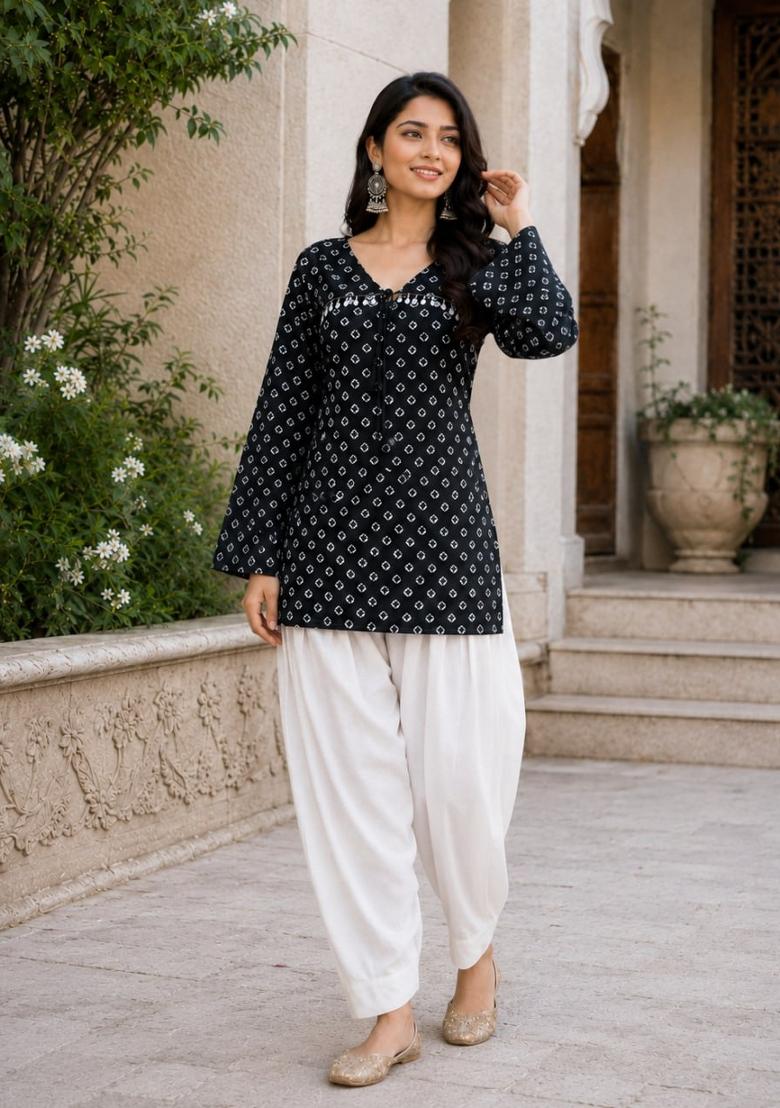 Black Printed Cotton Kurta Set - Indya