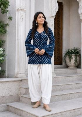 Navy Blue Printed Cotton Kurta Set
