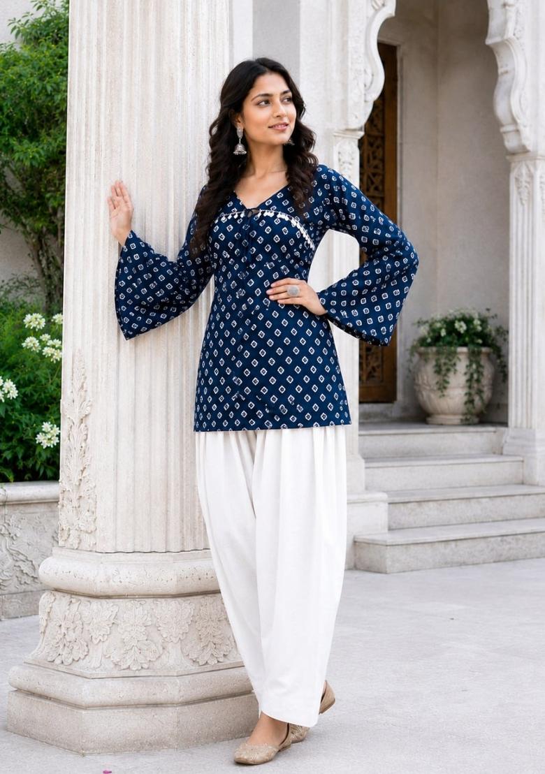 Navy Blue Printed Cotton Kurta Set - Indya
