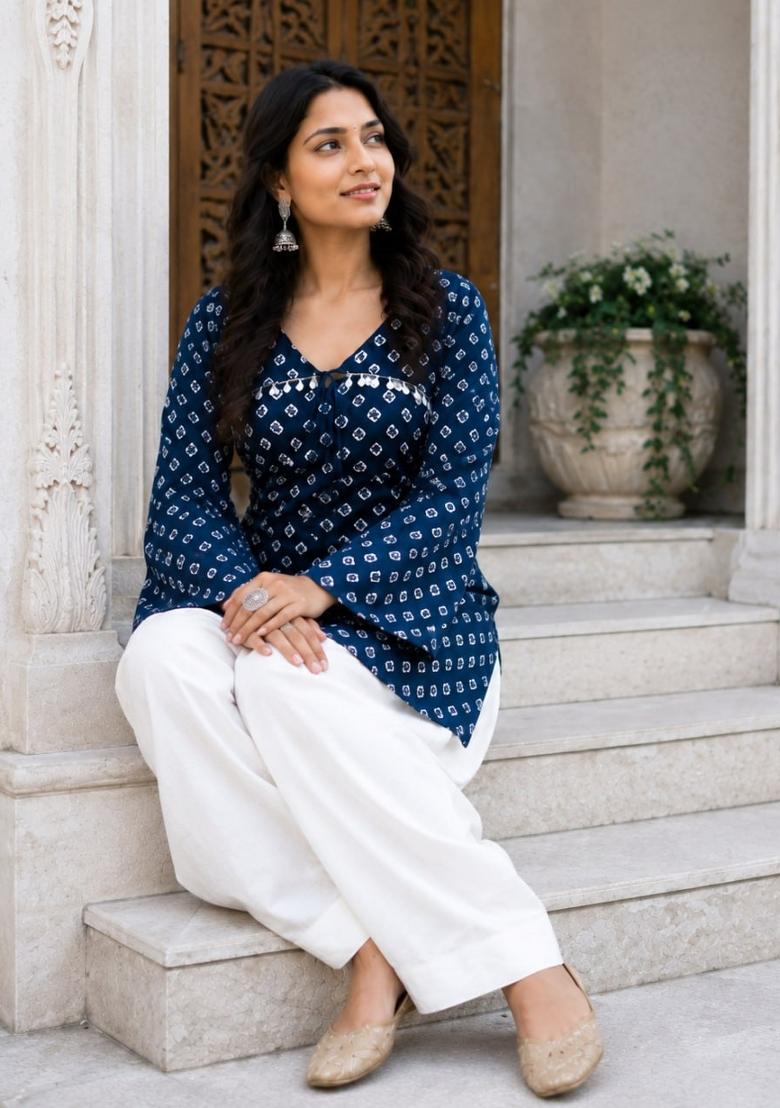 Navy Blue Printed Cotton Kurta Set - Indya