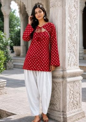Red Printed Cotton Kurta Set