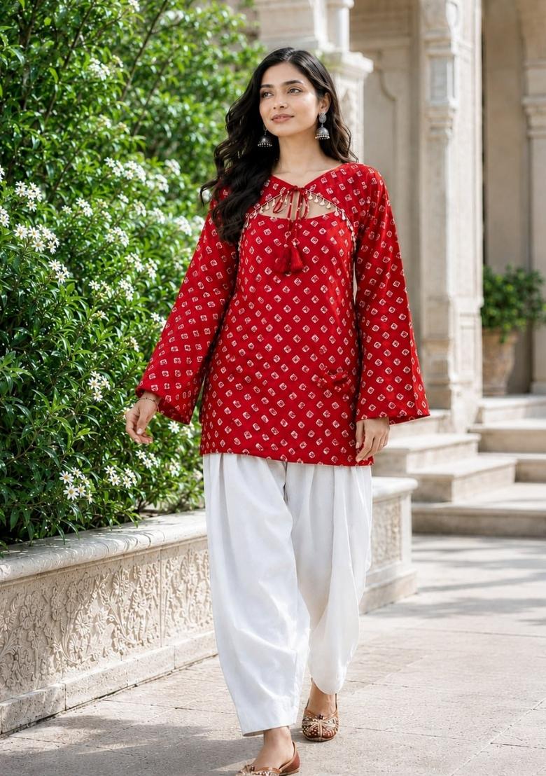 Red Printed Cotton Kurta Set - Indya