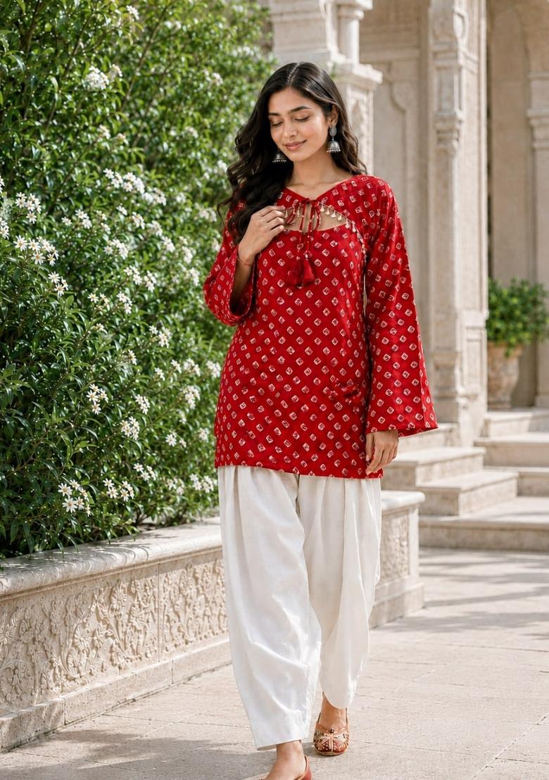 Red Printed Cotton Kurta Set - Indya