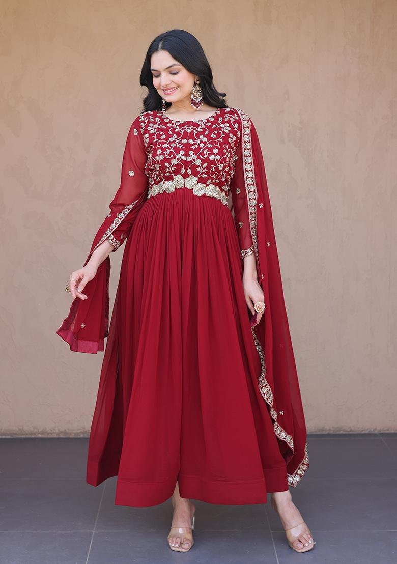 Maroon Zari Work Georgette Gown - Indya