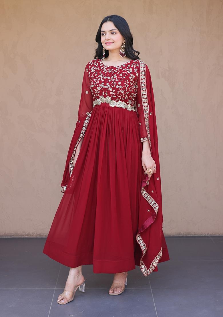 Maroon Zari Work Georgette Gown - Indya
