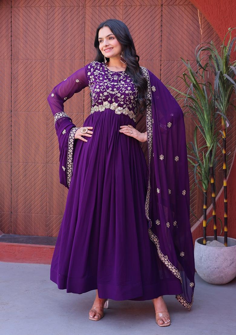 Purple Zari Work Georgette Gown - Indya