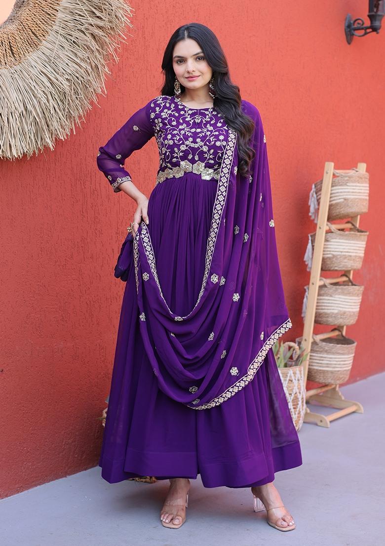 Purple Zari Work Georgette Gown - Indya