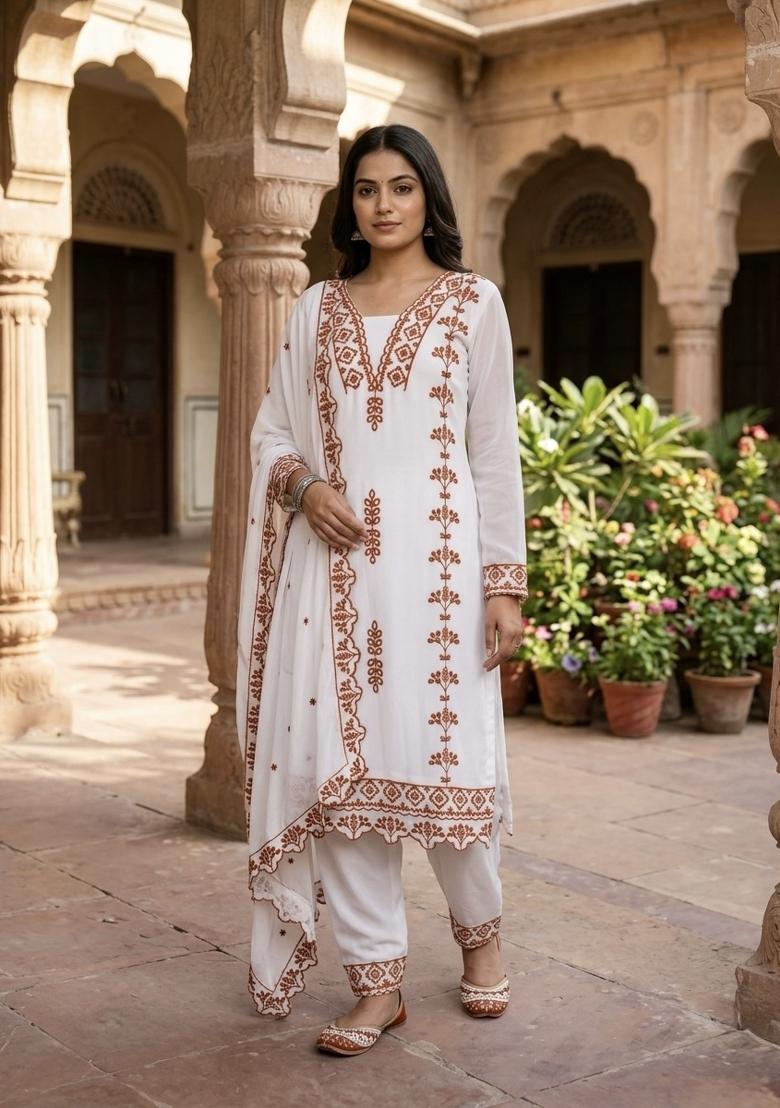 White Embroidered Georgette Kurta Set - Indya