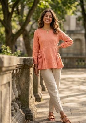 Peach Solid Linen Cotton Kurta Set