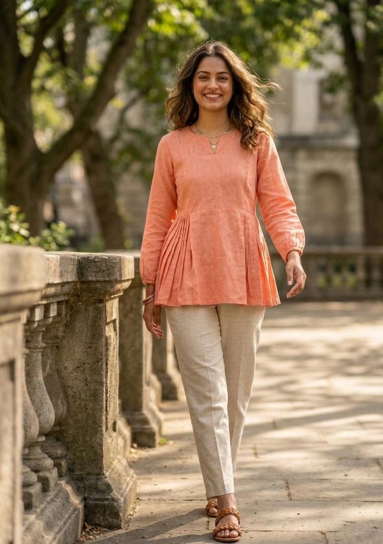 Peach Solid Linen Cotton Kurta Set - Indya