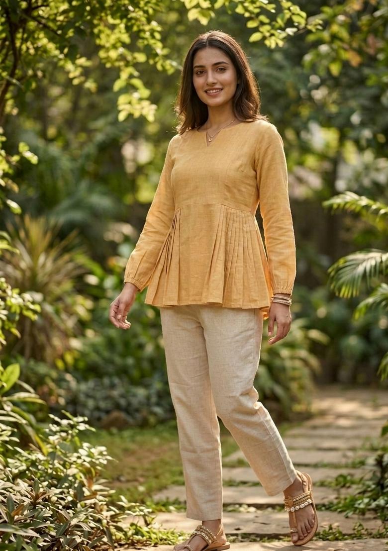 Yellow Solid Linen Cotton Kurta Set - Indya