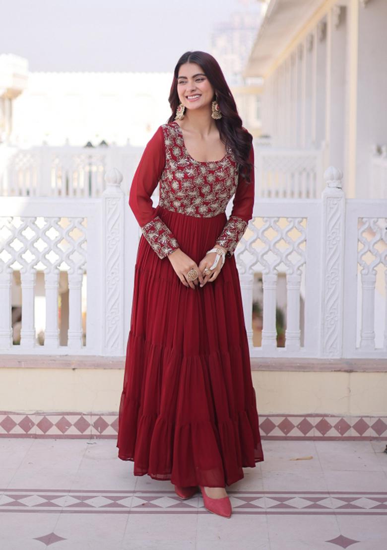 Maroon Zari Work Georgette Gown - Indya
