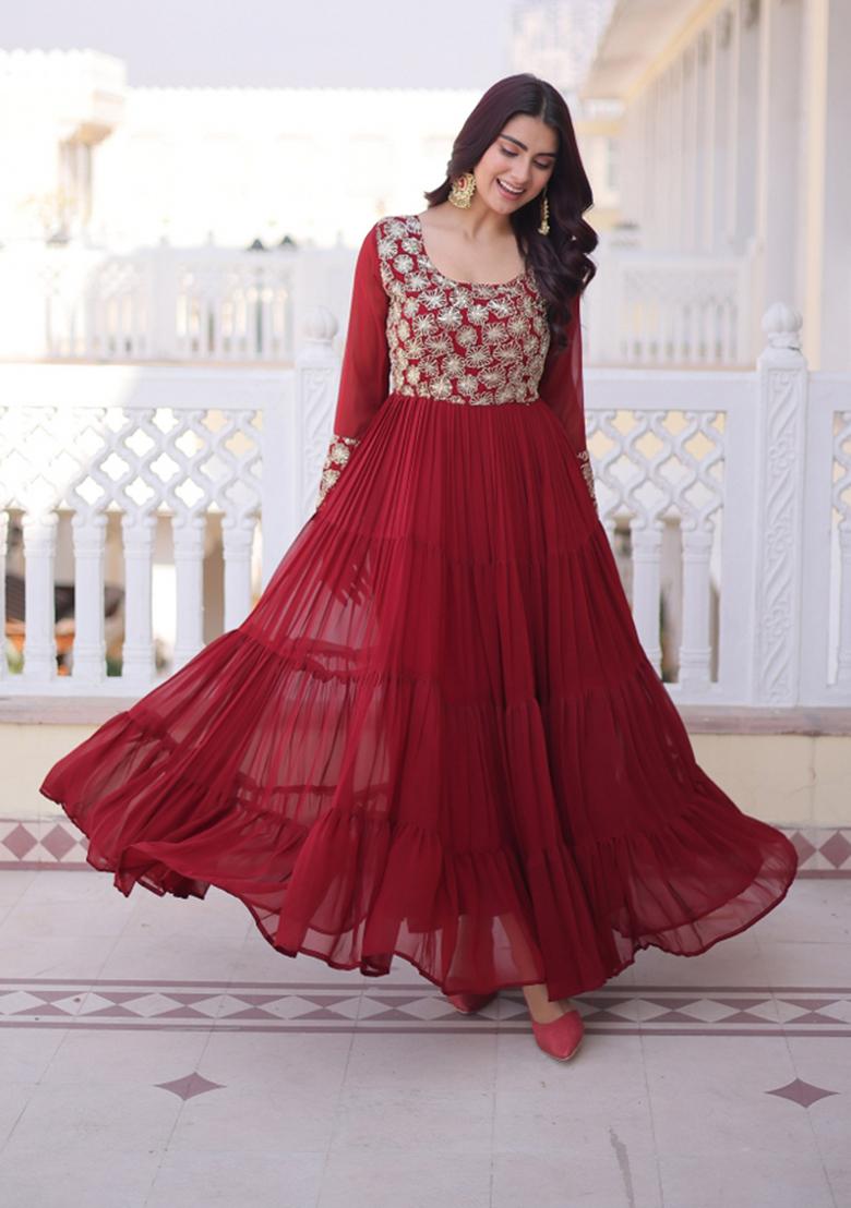 Maroon Zari Work Georgette Gown - Indya