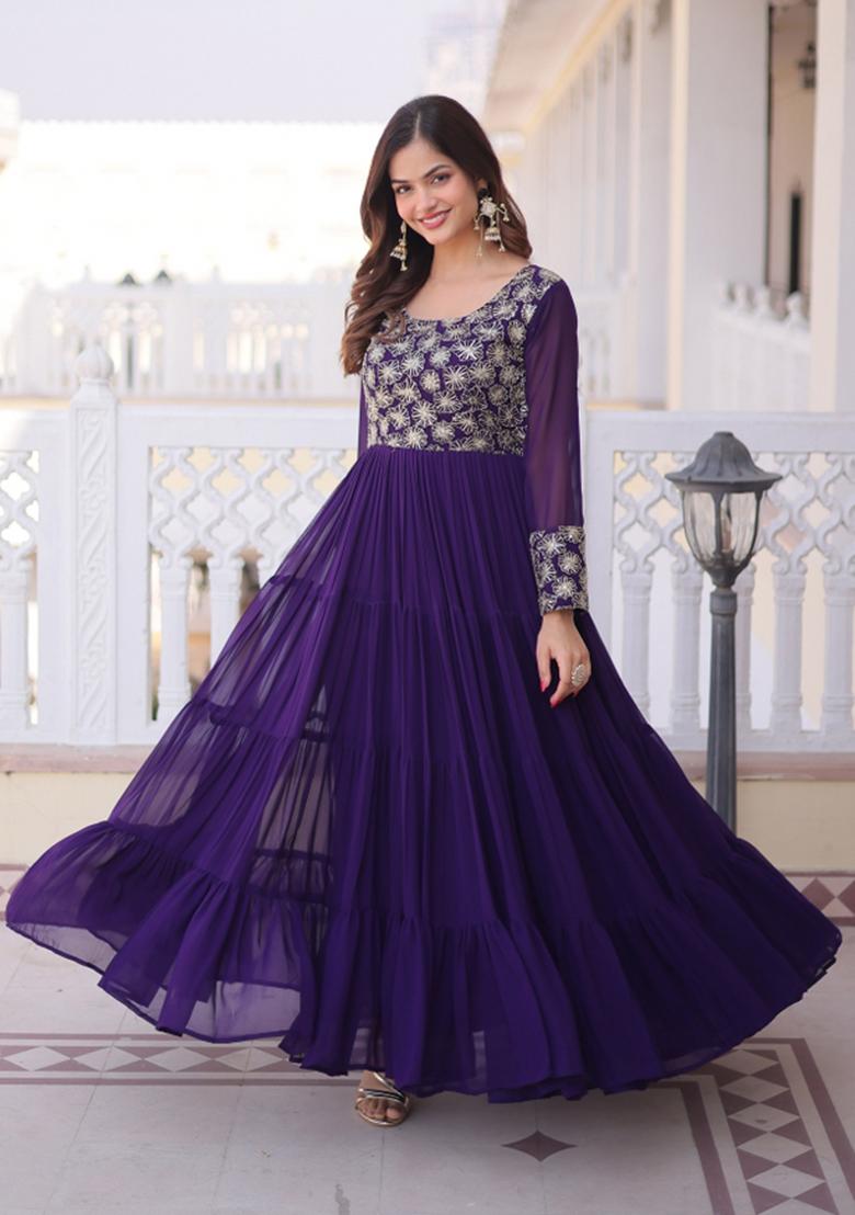 Purple Zari Work Georgette Gown - Indya