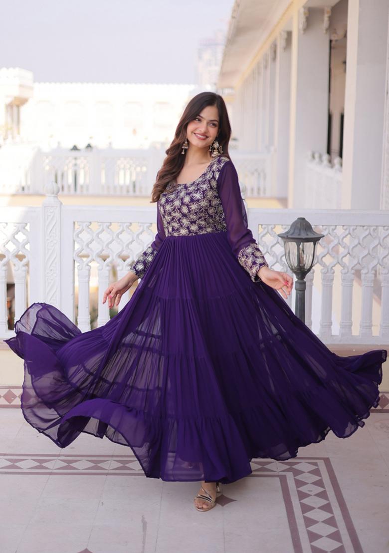 Purple Zari Work Georgette Gown - Indya