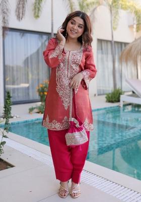 Pink Zari Work Viscose Kurta Set