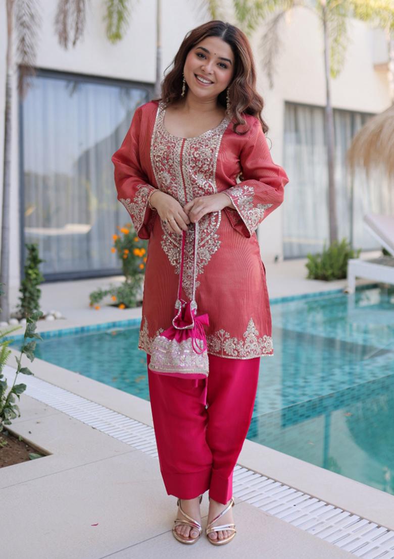 Pink Zari Work Viscose Kurta Set - Indya