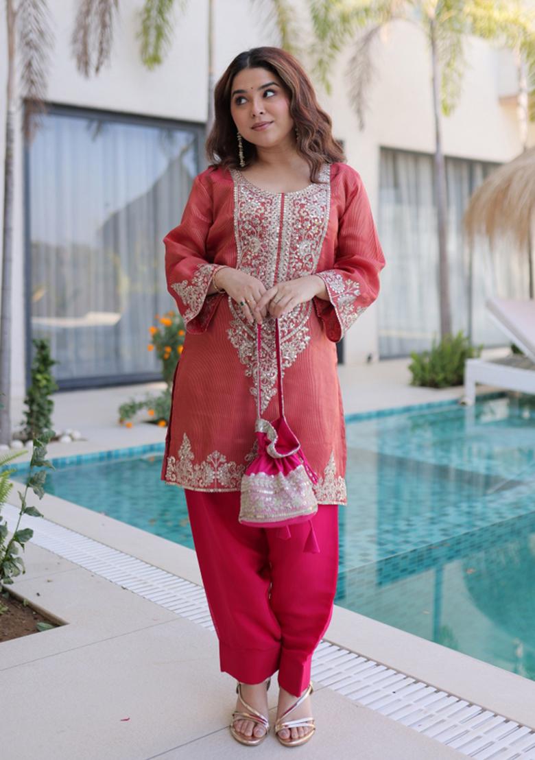 Pink Zari Work Viscose Kurta Set - Indya