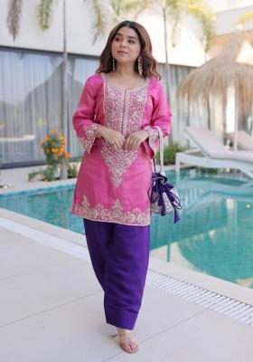 Pink Zari Work Viscose Kurta Set