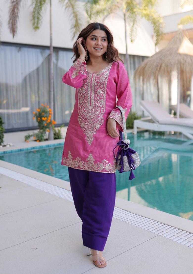 Pink Zari Work Viscose Kurta Set - Indya