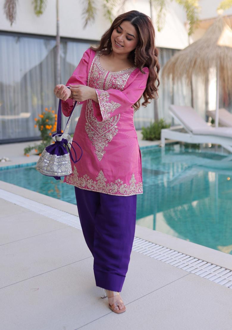 Pink Zari Work Viscose Kurta Set - Indya