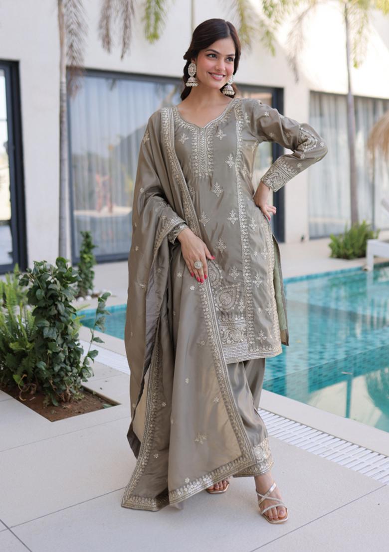 Grey Zari Work Orgnaza Kurta Set - Indya