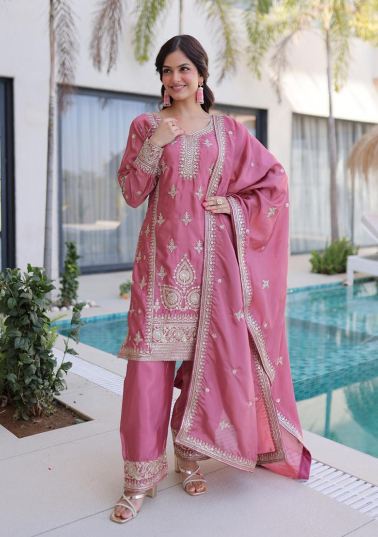 Pink Zari Work Orgnaza Kurta Set - Indya