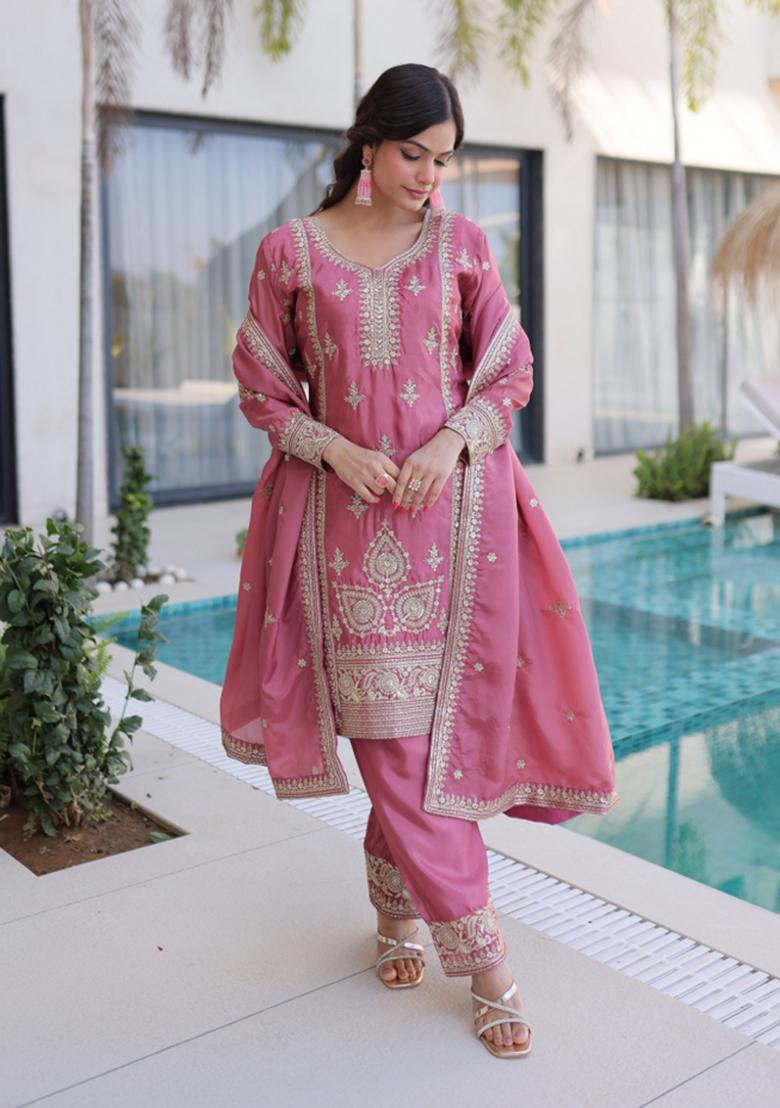 Pink Zari Work Orgnaza Kurta Set - Indya