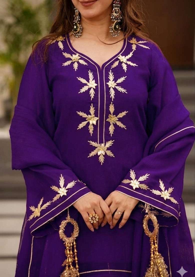 Purple Gota Patti Work Chiffon Kurta Set - Indya