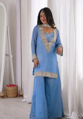 Blue Mirror Work Chinon Kurta Set
