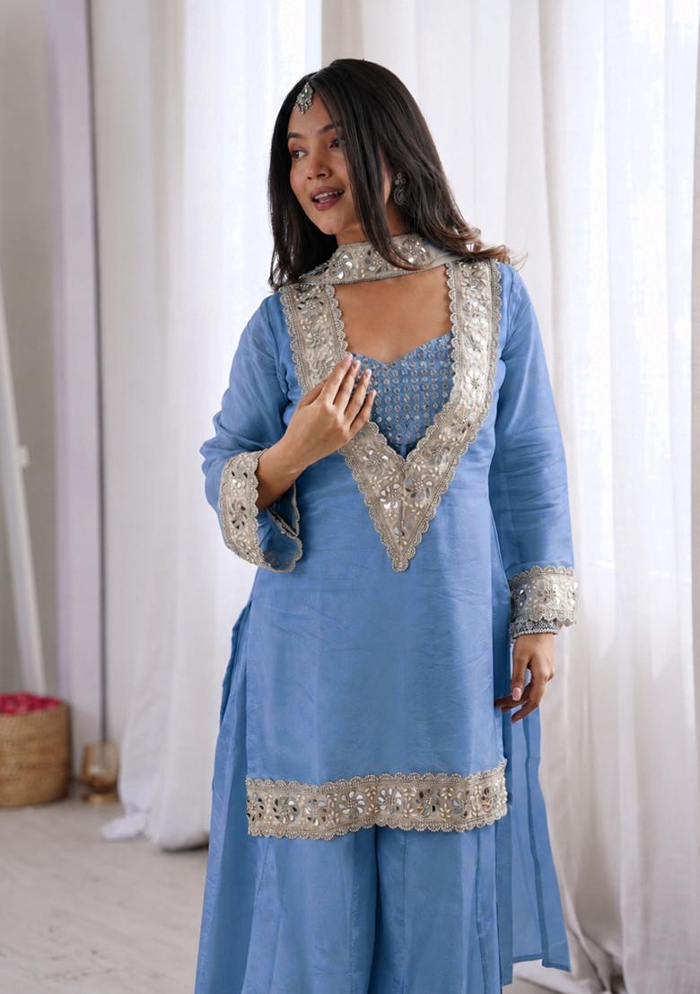 Blue Mirror Work Chinon Kurta Set - Indya