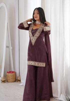 Brown Mirror Work Chinon Kurta Set