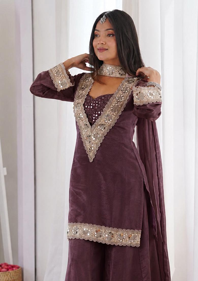 Brown Mirror Work Chinon Kurta Set - Indya